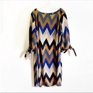 ILE New York dress blue tan chevron dots tie sleeves